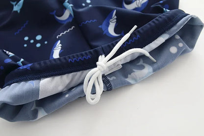 Children's Cartoon Shark Short Sleeve Split Swimwear with Swim Cap, Sun Protection Beach Wear, Baby Boys Swimsuit