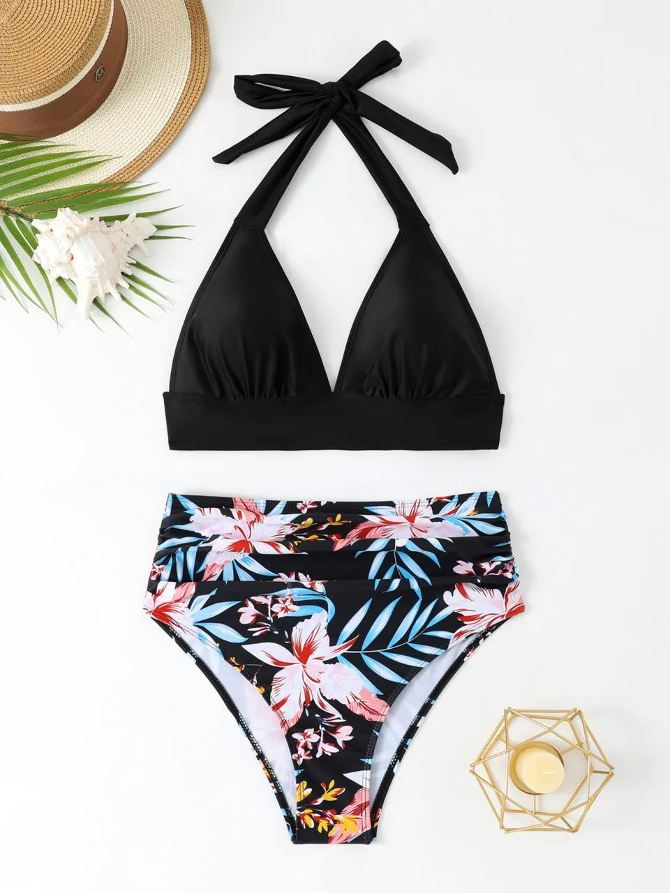 Women's Black Halter Bikini Set with Floral High-Waisted Briefs