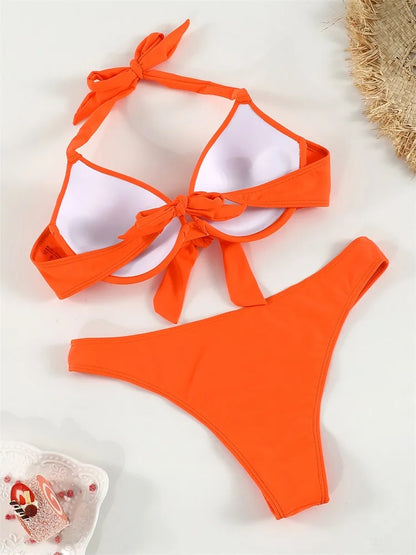 Halter Bikini Swimsuit Push Up Swimwear Bandage Women Plant Print Bath Suit Beach Cover Up Summer
