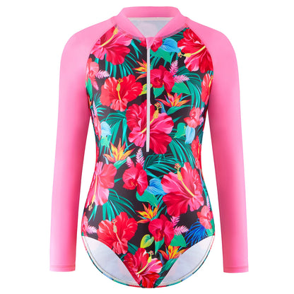 Girls Swimsuit One Piece Long Sleeve Floral Print Swimwear Beach Pool Kids Tween Swim Summer Bikini Cut Bottom Contrast Color