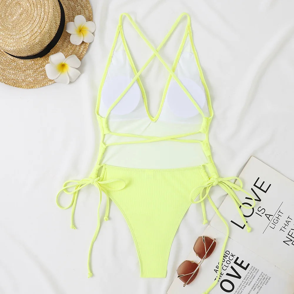 Solid Swimwear Women Strapped Push Up One Piece Swimsuit Beach Lady Monokini Cross Backless Bathing Suit