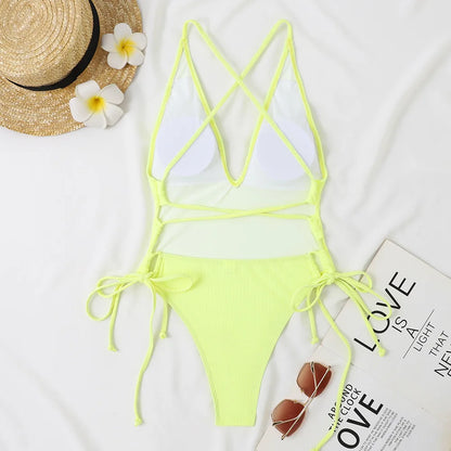 Solid Swimwear Women Strapped Push Up One Piece Swimsuit Beach Lady Monokini Cross Backless Bathing Suit