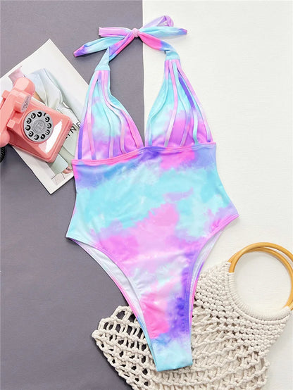 Tie Die Design Backless Swimwear Women Beach One Piece Swimsuit