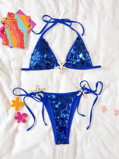 Shiny Sequin Black Micro Bikini Women Starfish Push Up Bra Holiday Swimsuit Beach Bathing Suit Tie Side Thong Swimwear