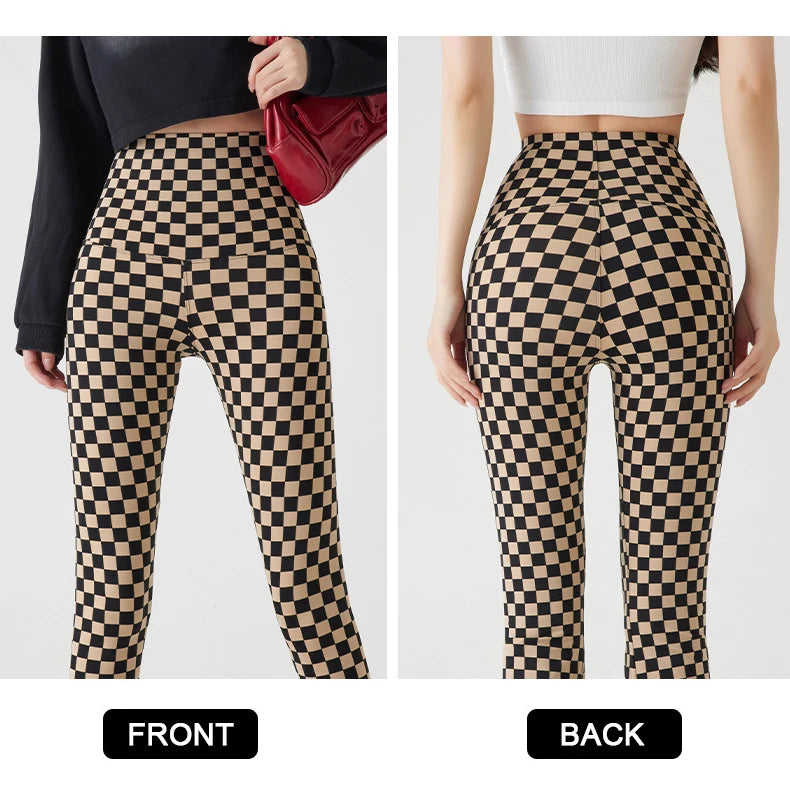 Checkerboard Plaid Shark Leggings Women High Waist Tight Slim Push Up Leggings Seamless Sports Fitness Leggings