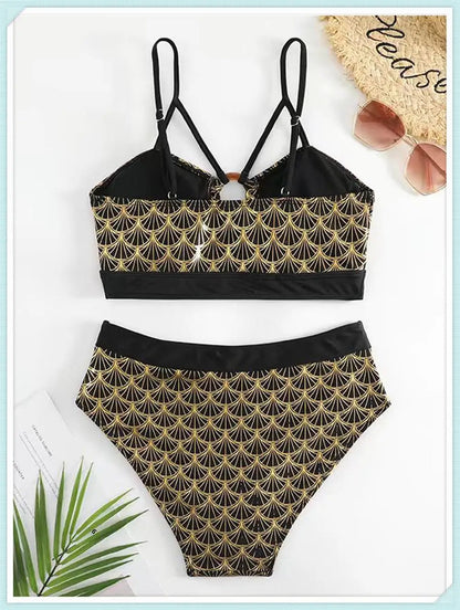 Metallic Stitch Strap Bikini  Women Push Up Gold print Swimsuit Female High Waist Swimwear Bathers Bathing Suit Beachwear