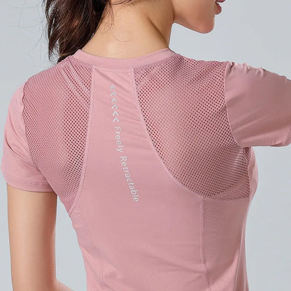 Reflective Printed Yoga Tops Women's Mesh Splicing Crew Neck High Elasticity Breathable Fitness Pilates Exercise Shirts