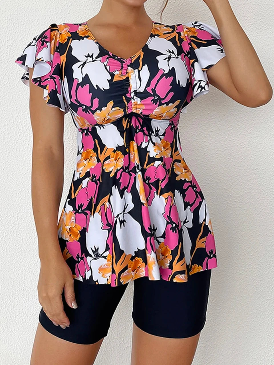 Drawstring Front Tankini Set Skirt Women High Waist Swimsuit Summer Beachwear Female Bathers Bathing Swimming Swim Suit