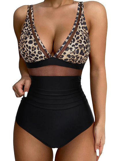 Mesh Panel Swimsuit One Piece High Cut Swimwear Women Solid Bathers Bathing Suit Female Backless Swimming Beachwear