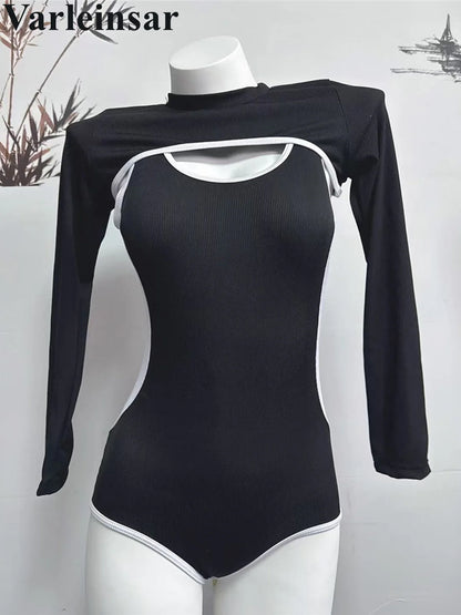 Long Sleeve Cover Up Splicing One Piece Swimsuit Women Swimwear Female Ribbed Backless Bather Bathing Suit Swim
