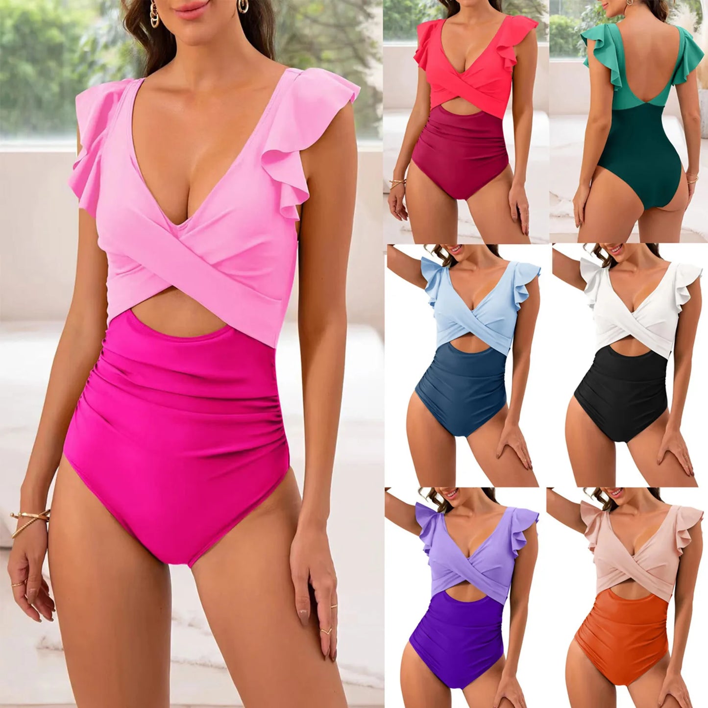 One Piece Swimsuit, V Neck Solid Color Backless Tummy Control High Cut Bathing Suit, Women's Swimwear & Clothing Beach Swimwear
