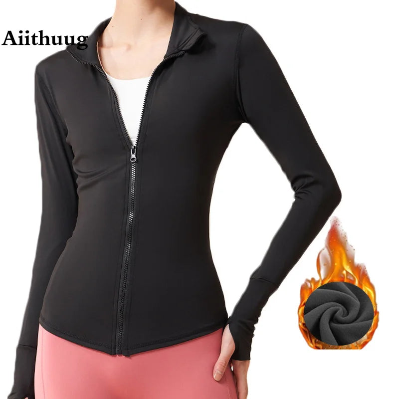 Winter Fitness Jacket Fleece Brushed Velvet Inner with Thumb Hole Gym Long Sleeve Shirt Elastic Stand Collar Jackets