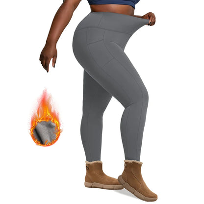 Plus Size Fleece Lined Leggings with Pockets for Women High Waist Winter Tummy Control Thermal Warm Yoga Pants