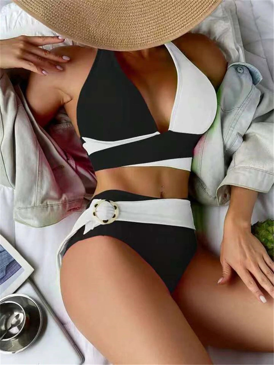Halter Bikini  Criss Cross Solid Swimsuit High Waist Swimwear Female Bathers Bathing Swimming Suit Padded Beachwear