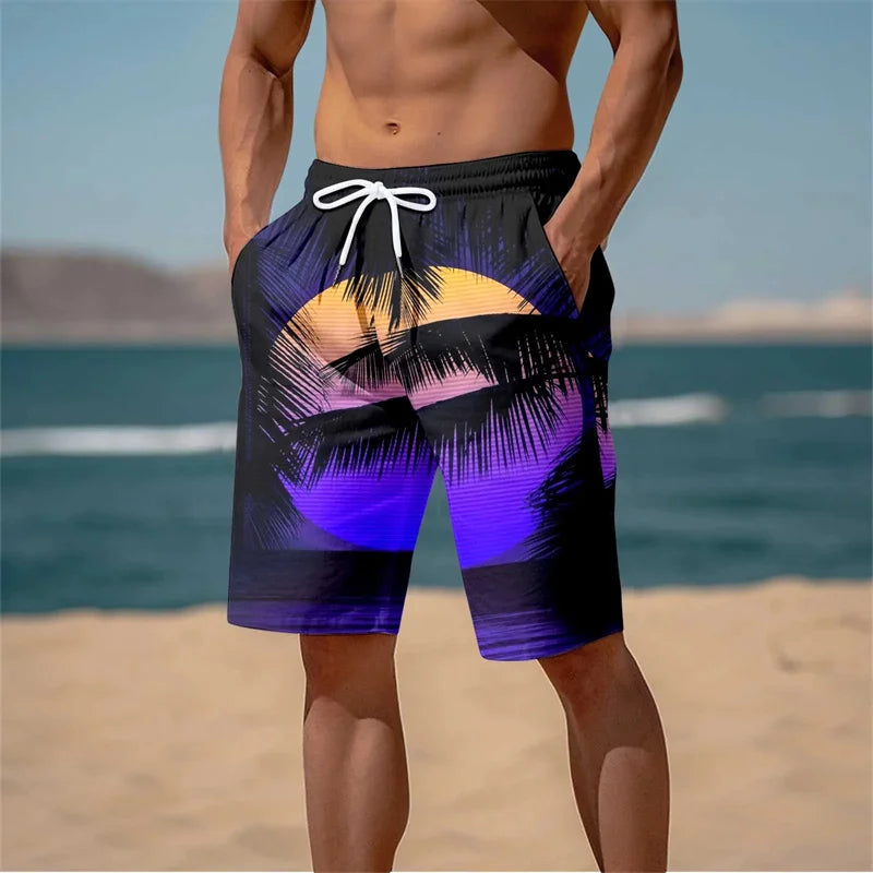 Harajuku 3D Cocoanut Trees Printing Beach Shorts Palm Tree Graphic Board Shorts For Men Hawaiian Cool Swimming Trunks