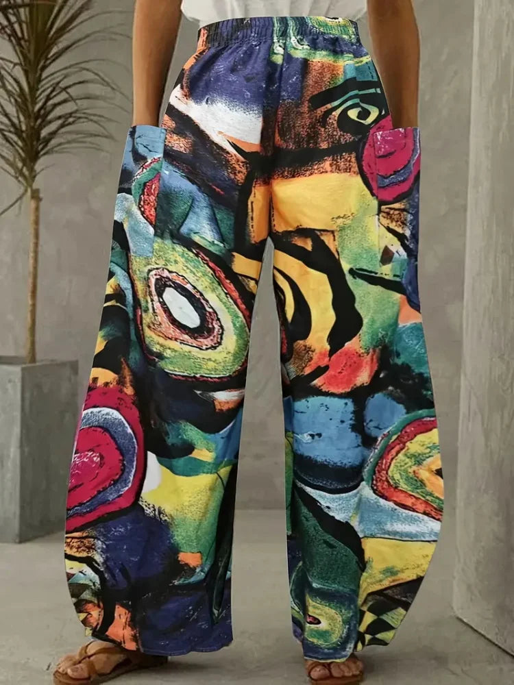 Retro Abstract Rock Print Women's Loose Casual Bloomers, Harajuku Street Trend Women's Pants, Outdoor Casual Double Pocket Pants