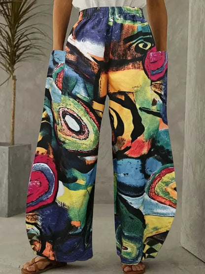 Retro Abstract Rock Print Women's Loose Casual Bloomers, Harajuku Street Trend Women's Pants, Outdoor Casual Double Pocket Pants