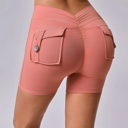 Deep V Back Yoga Shorts Women Pocket Scrunched Butt Gym Leggings High Waist Push Up Tights Booty Sports Shorts Fitness