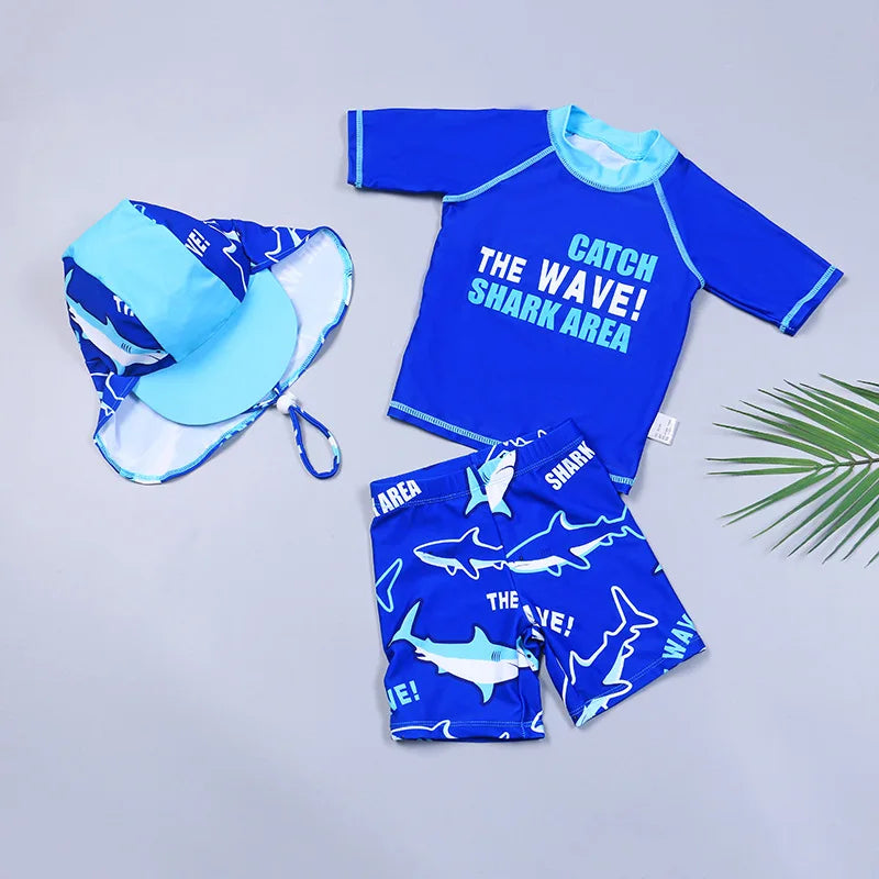 3 pcs Children Swimsuit Set Boys Quick-drying Long Short Sleeve Shark Pattern Drawstring Swimming Trunks Hat Split Bathing Suit