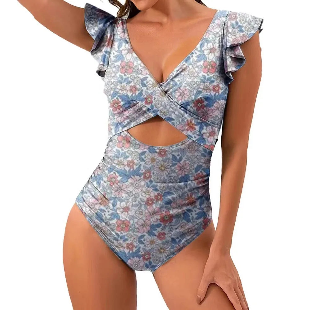 Nadanbao Fashion Elegance One-Piece Swimsuit Women Plicated Bikini Female Hollow Out Backless Flounce Beach Party Swimming Suit