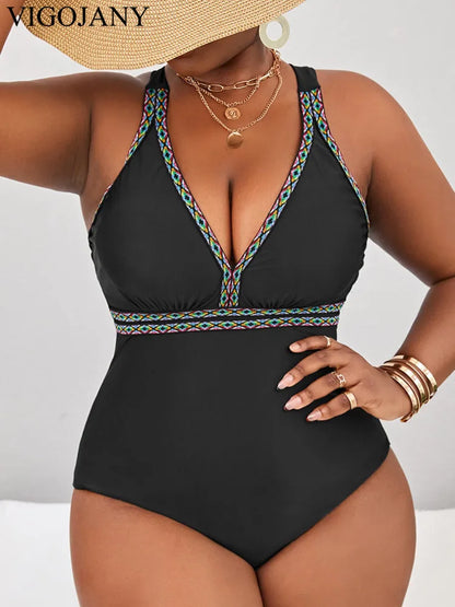 Black Strapped Plus Size Swimwear Women Patchwork Push Up One Piece Swimsuit Back Cross Hollow Big Bathing Suit