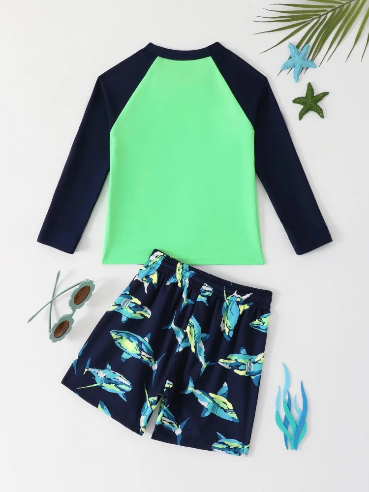 Boy Kids Swimsuit Cartoon Shark Long Sleeves Children Swimwear Summer Two Piece Beachwear Shorts Bathing Suit Swimming