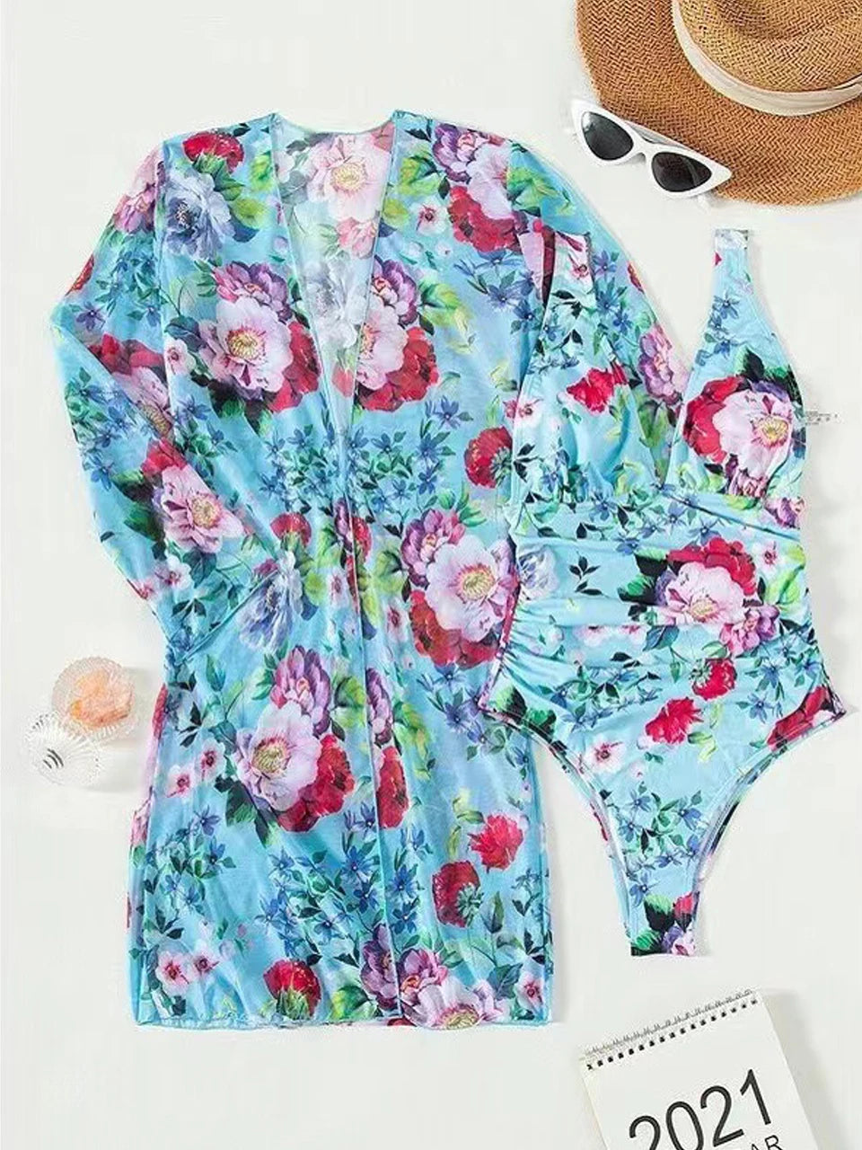 One Piece V-neck Tropical Print Swimsuit With Cover Up Swimwear Women Beach Wear Female Bathing Swimming Swim Suit Summer