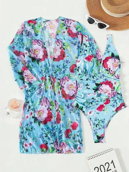 One Piece V-neck Tropical Print Swimsuit With Cover Up Swimwear Women Beach Wear Female Bathing Swimming Swim Suit Summer