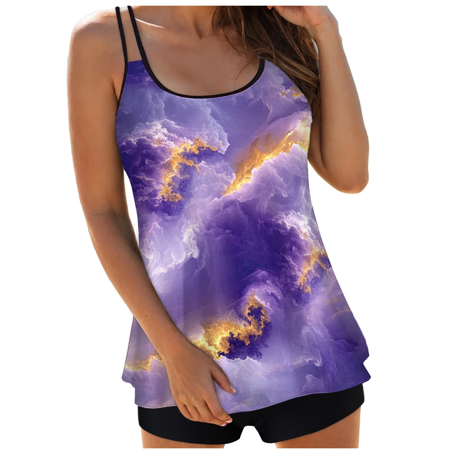 Women's Abstract Print Tankini Swimsuits Double Stretch Strap Crew Neck Cover Tummy Tops and Solid Shorts Conservative Swimwear