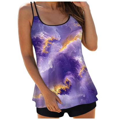 Women's Abstract Print Tankini Swimsuits Double Stretch Strap Crew Neck Cover Tummy Tops and Solid Shorts Conservative Swimwear