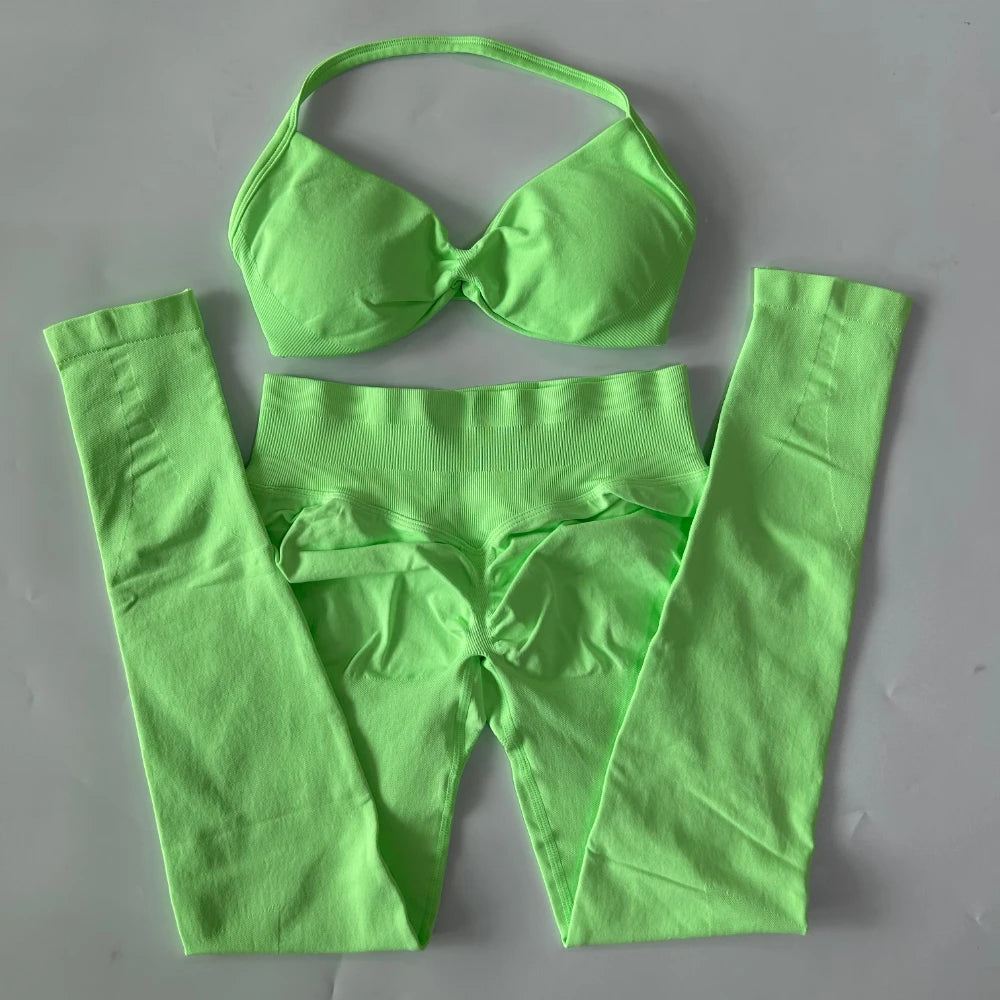 2 Pieces Set For Woman Strappy Yoga Bra Sports Top Workout Leggings Set Seamless Gym Set Fitness Clothes Outfit Activewear
