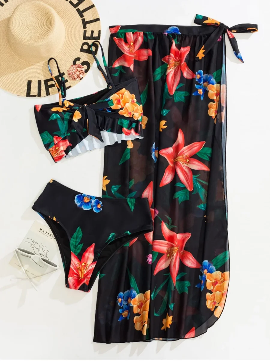 3 Pieces Floral Print Knot Front Bikinis Women Ruffle Swimwear Female High Waist Swimsuit With Beach Skirt Bathing Suit