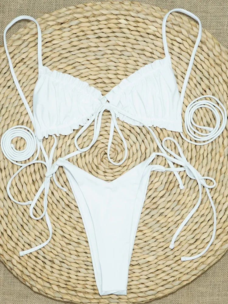 Ruffle Frilled Micro Thong Bikini Women Swimwear Female Swimsuit Two-pieces Bikini set String Bather Bathing Suit Swim