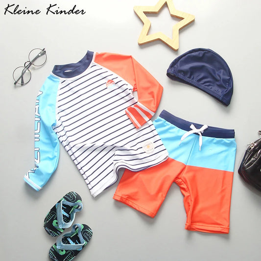 Boys' Stripe & Shark Long-Sleeve Rash Guard Set with Shorts & Cap