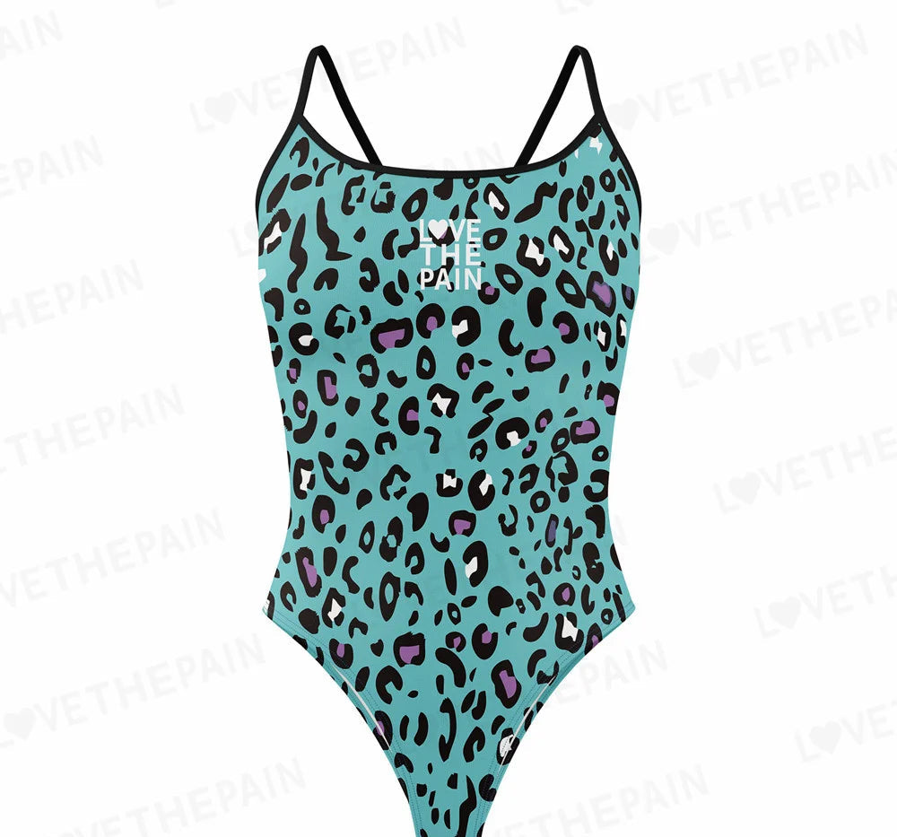 Love The Pain Leopard Print One Piece Swimsuit Thin Straps Versatile V-back Women's Swimwear Monokini Triathlon Swimsuit