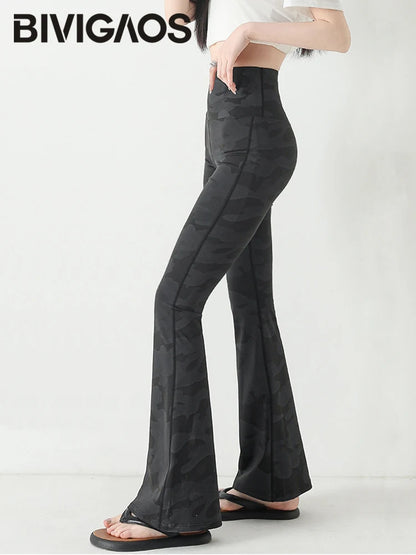 Spring/Summer Thin Camouflage Sharkskin Flared Leggings Women Fashion Tight Slimming Elastic Flared Pants