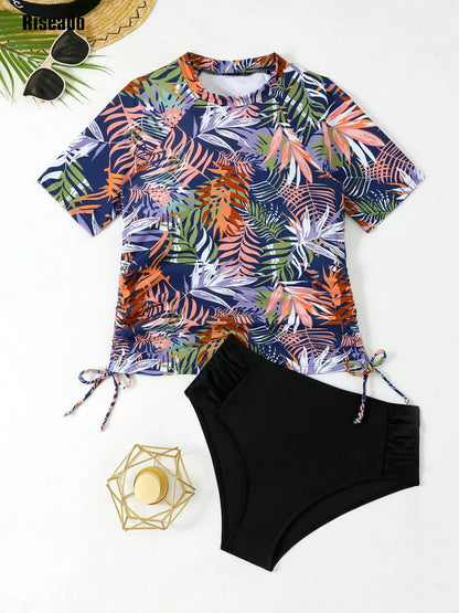 Women's High Waist Bikini Sets Two Piece Swimsuit Sports Style Bathing Suit Crop Top and Boy Shorts Full Coverage