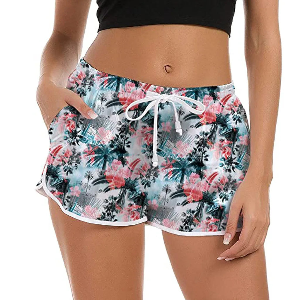 Women Summer Sports Shorts Floral Beach Boardshorts with Pockets Female Swim Trunks Female Workout Gym Clothes Fitness Sportwear