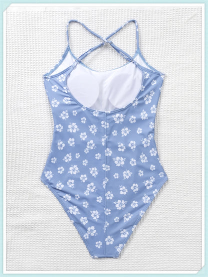 Straped Criss Back One Piece Swimsuit Vintage Swimwear Women Floral Print Bathing Suit Female Front Fold Beachwear Bodysuit