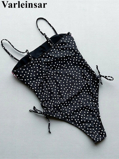 Splicing Dots Printed Lace Up One Piece Swimsuit Women Swimwear Female High Leg Cut Monokini Bather Bathing Suit Swim