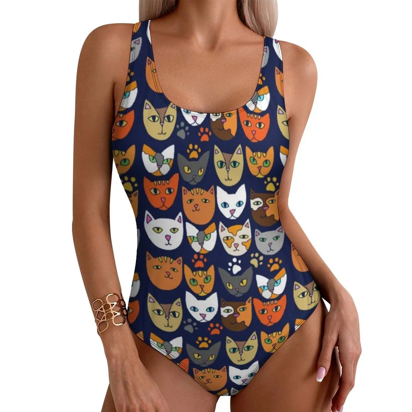 Funny Cat Swimsuit Colorful Cats Pop Art Swimwear One-Piece Fitness Bodysuit Cut Out Bathing Suits Ladies Push Up Beachwear