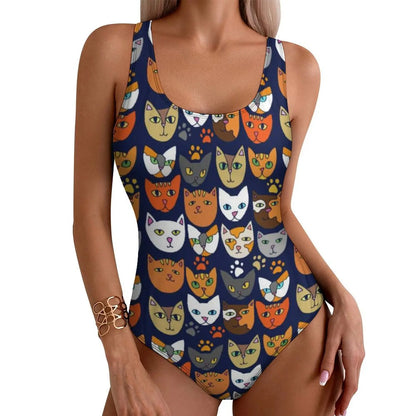 Funny Cat Swimsuit Colorful Cats Pop Art Swimwear One-Piece Fitness Bodysuit Cut Out Bathing Suits Ladies Push Up Beachwear