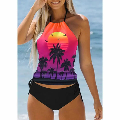 Coconut Tree Print Drawstring Ruched Halter Tankini Set Women 2pcs Clothes Suit Spring Summer Bikini Swimwear Bathing Clothing