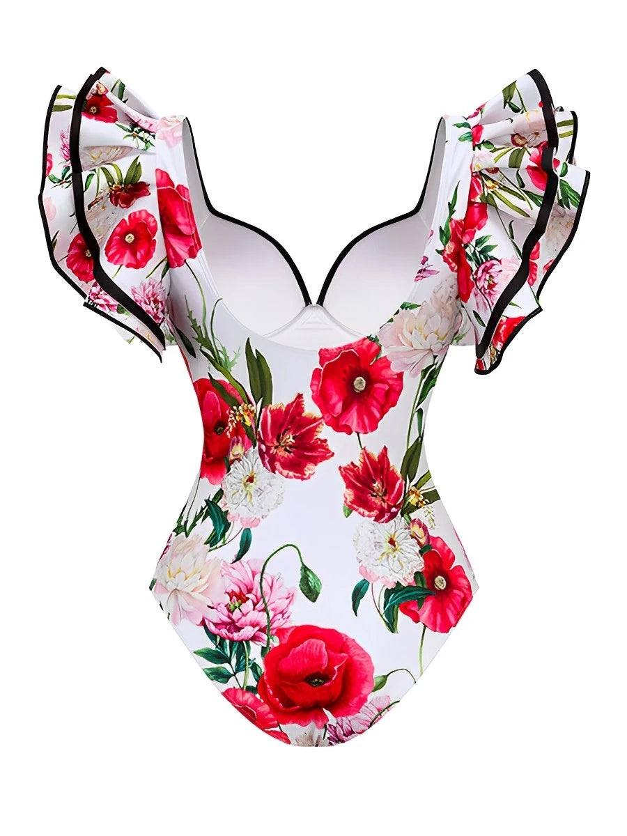 Push Up Floral Frill Shoulder Swimsuit Women One Piece Swimwear Female Beachwear Bathers Bathing Swimming Swim Suit