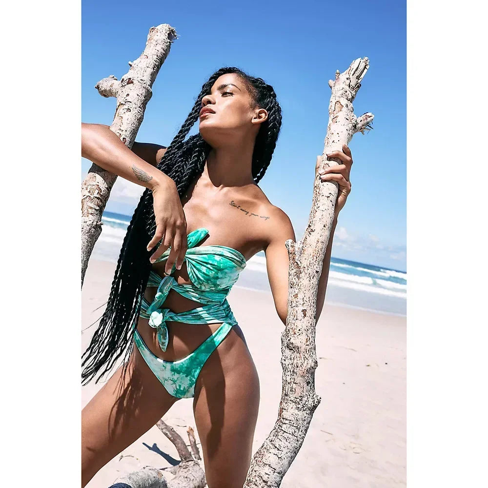 One Piece Swimsuit Swimwear Women Double Sided Green Print Hollow Knotted Bathing Suit Beachwear