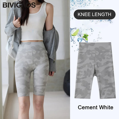 BIVIGAOS Summer Slim Camouflage Knee Length Cycling Shorts Women Casual Sharkskin Sports Running Fitness Biker Short Leggings