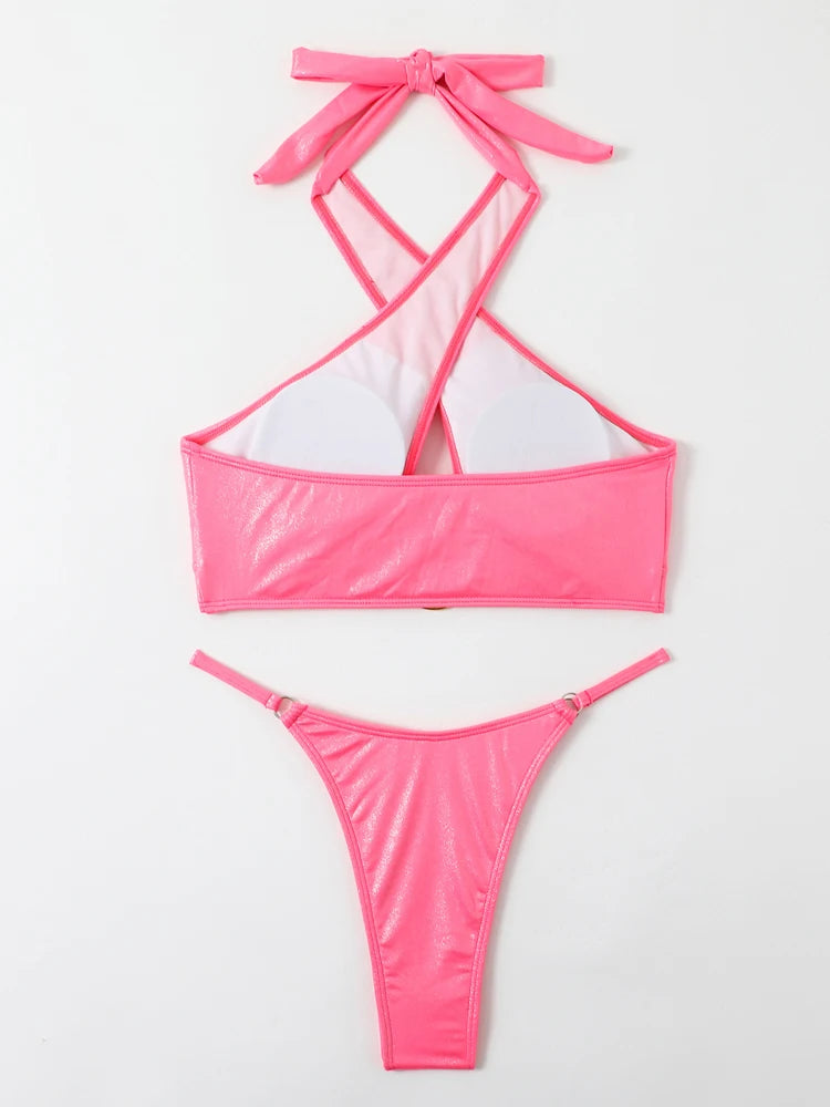 Solid Cross Halter Swimwear Women Hollow Push Up Bikini High Cut Thong Swimsuit Backless Beach Bathing Suit