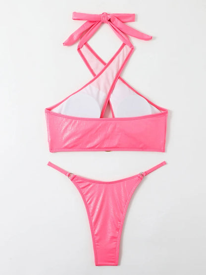 Solid Cross Halter Swimwear Women Hollow Push Up Bikini High Cut Thong Swimsuit Backless Beach Bathing Suit