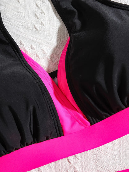 Vintage Black Patchwork Bikini Set Women Double Strap V Neck Push Up Pleated High Waist Swimsuit Beach Bathing Suit Swimwear