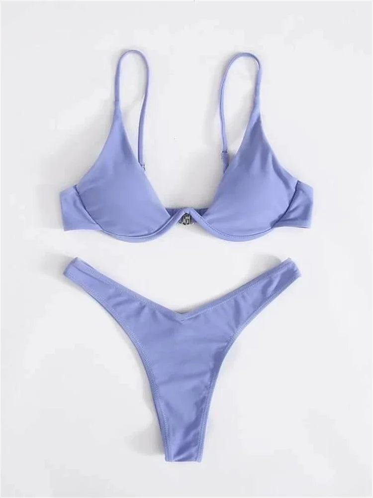 Bikini Women Solid Red Push Up Bra Thong Swimsuit Haler V Neck Bathing Suit Mini Micro Thong Swimwear